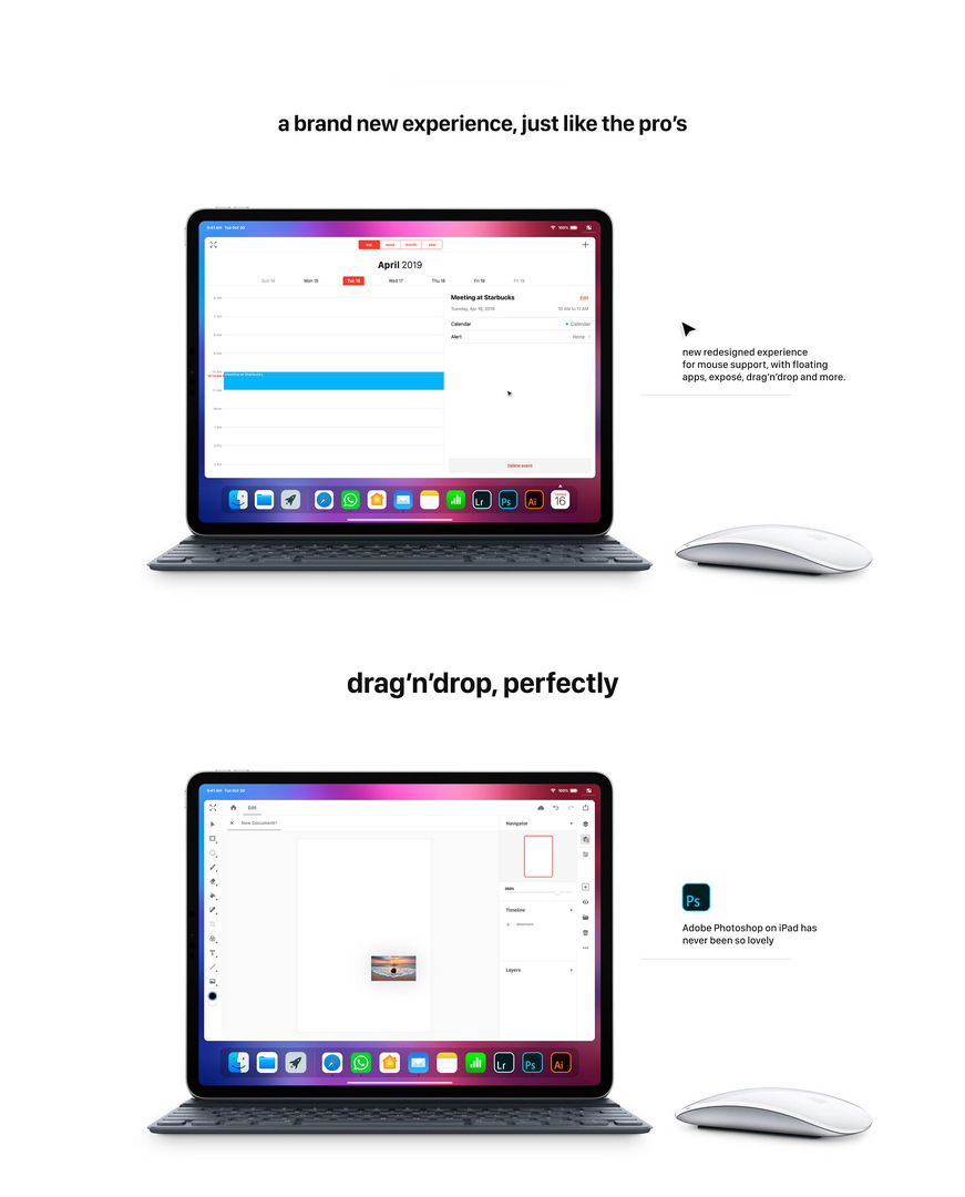 Концепт iOS 13 на iPad Pro с Magic Mouse