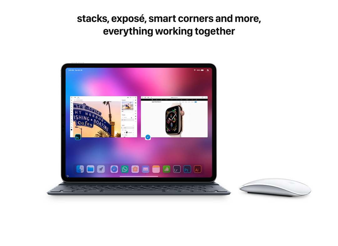 Концепт iOS 13 на iPad Pro с Magic Mouse